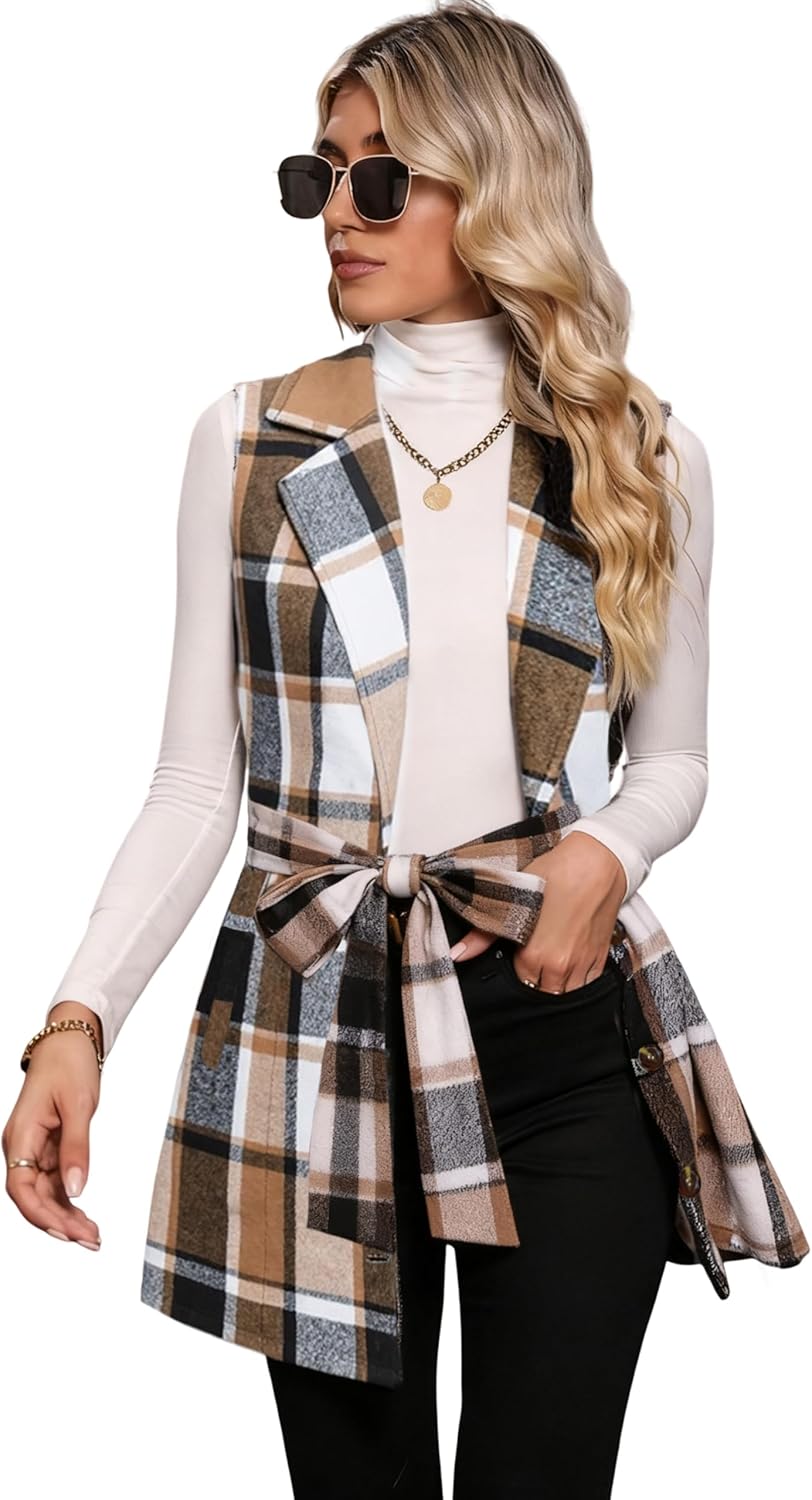 UANEO Plaid Vest for Women Fall Winter Sleeveless Belted Blazer Jackets Button Down Vests with Pockets