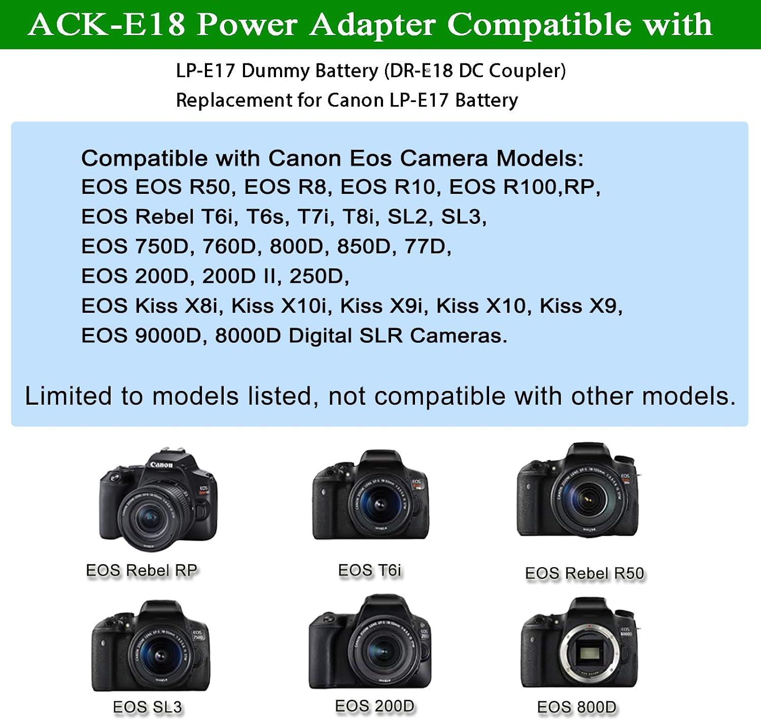 LP-E17 Dummy Battery for Canon R50, ACK-E18 Power Supply Kit. | DR-E18 DC Coupler fit for Canon EOS Rebel R50 RP R8 R10 R100 T7i T6i T8i T6s SL2 SL3 850D 77D, Kiss X8i X9i X10 Cameras.
