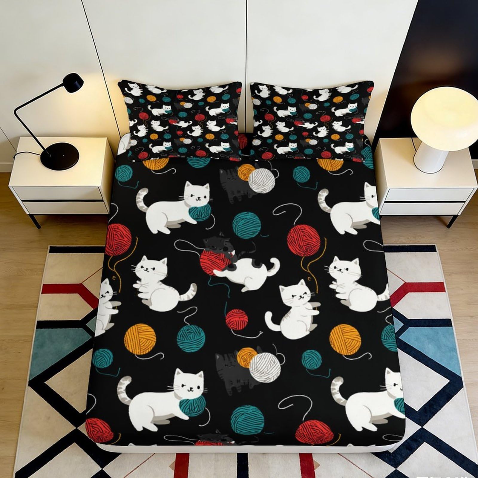 Uynsixtme Style-4 3D Printed Cartoon Cat Fitted Sheet Microfiber Non-Slip Deep Pocket Bedroom Bedding Set Cartoon Cat Mattress Fitted Cover For Adult Teen 200X200x25cm
