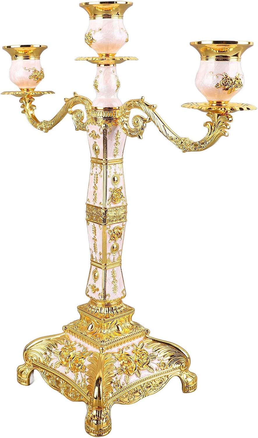 Zerodis Metal Arms Candelabra Alloy Vintage Candle Holder Elegant Decor for Romantic Dinners and Weddings (Gold and White Three Heads)
