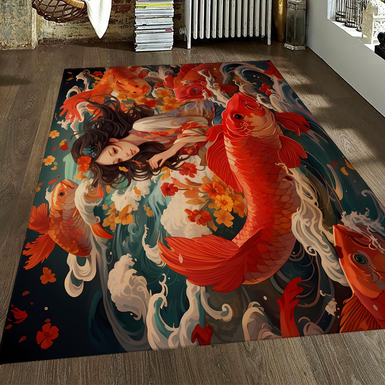 120 x 180 cm Dywan Syrena Koi Czerwone i płatki kwiatów Krótki włos