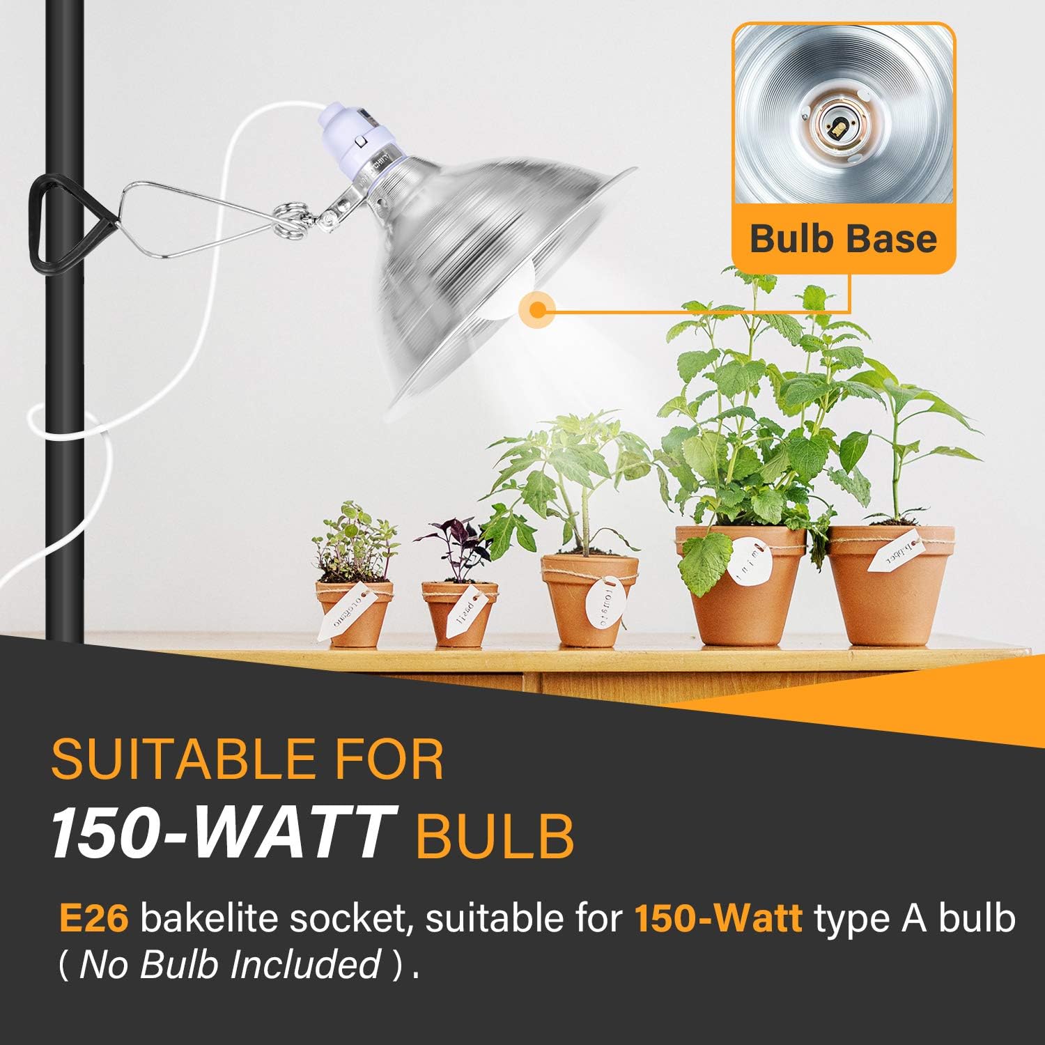 Simple Deluxe Clamp Lamp Light 150 Watt with 8.5 Inch Aluminum Reflector (no Bulb Included), 6 Feet Cord, 1 Pack, White