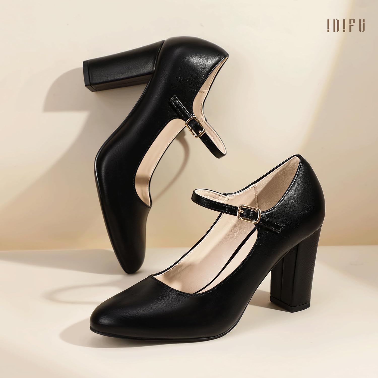 IDIFU IN4 Women's Pumps Mary Jane Dress Shoes for Women Closed Toe Heels High Chunky Block Heels Dressy Wedding Bride Prom Graduation Business Heels Comfortable Formal Vintage Round Toe Pumps Shoes