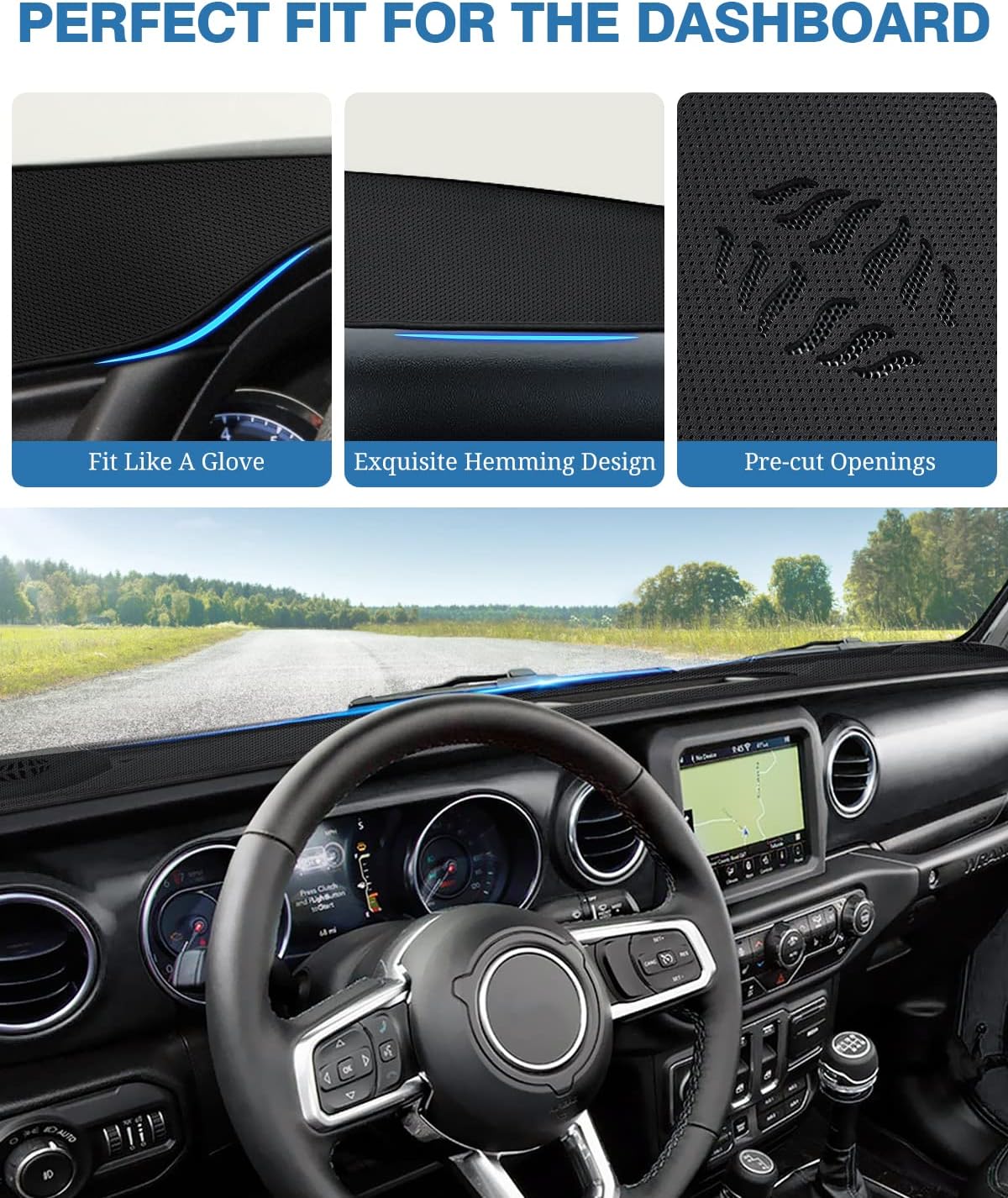 FIILINES Dash Cover for 2020-2024 Jeep Gladiator JT, Dashboard Mat Accessories Dash Cover Sunshade Nonslip Mesh Protector No Glare Black