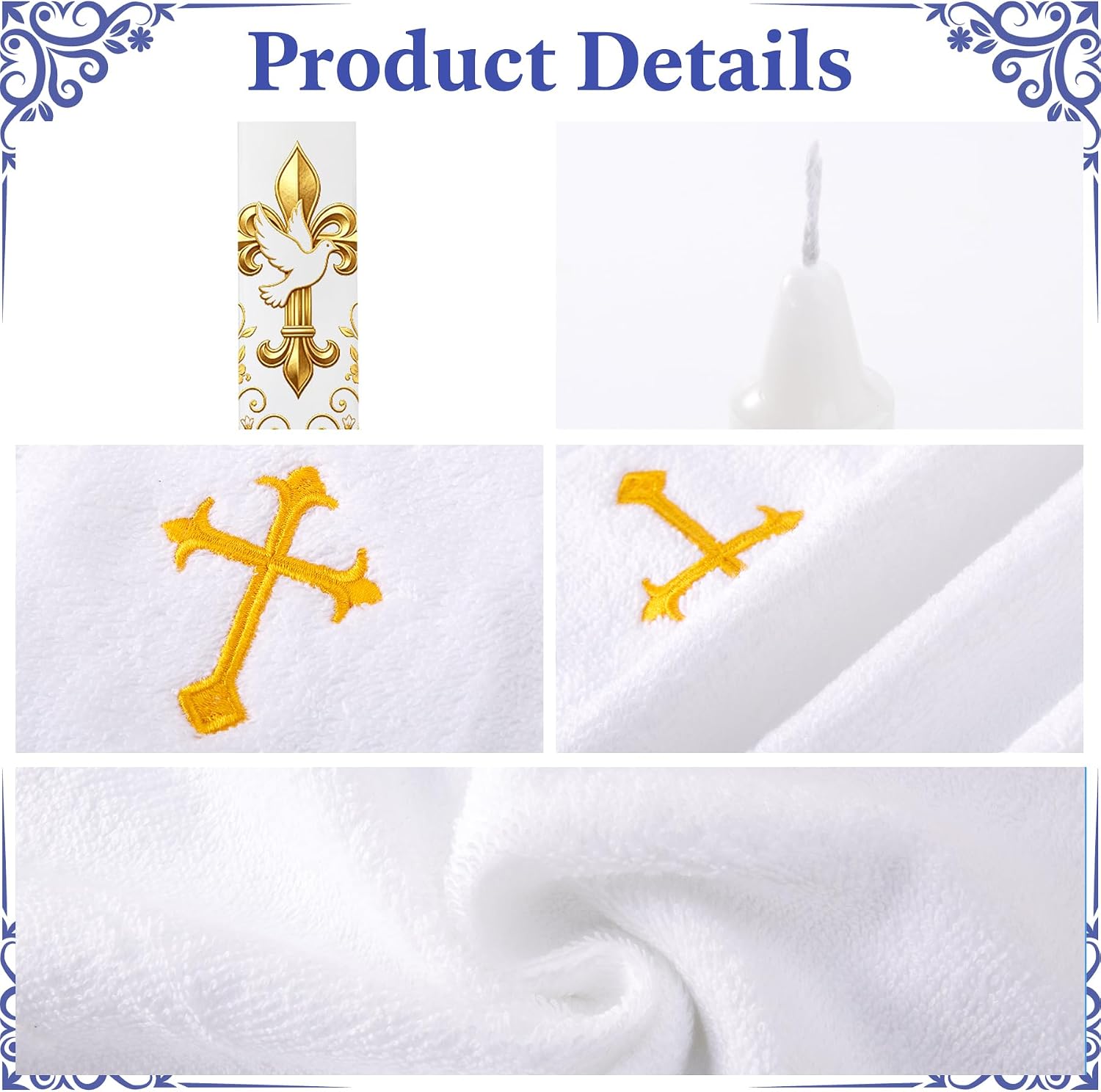 Baptism Candle Set for Boy Girls, Gold Baptismal Candles with Towel