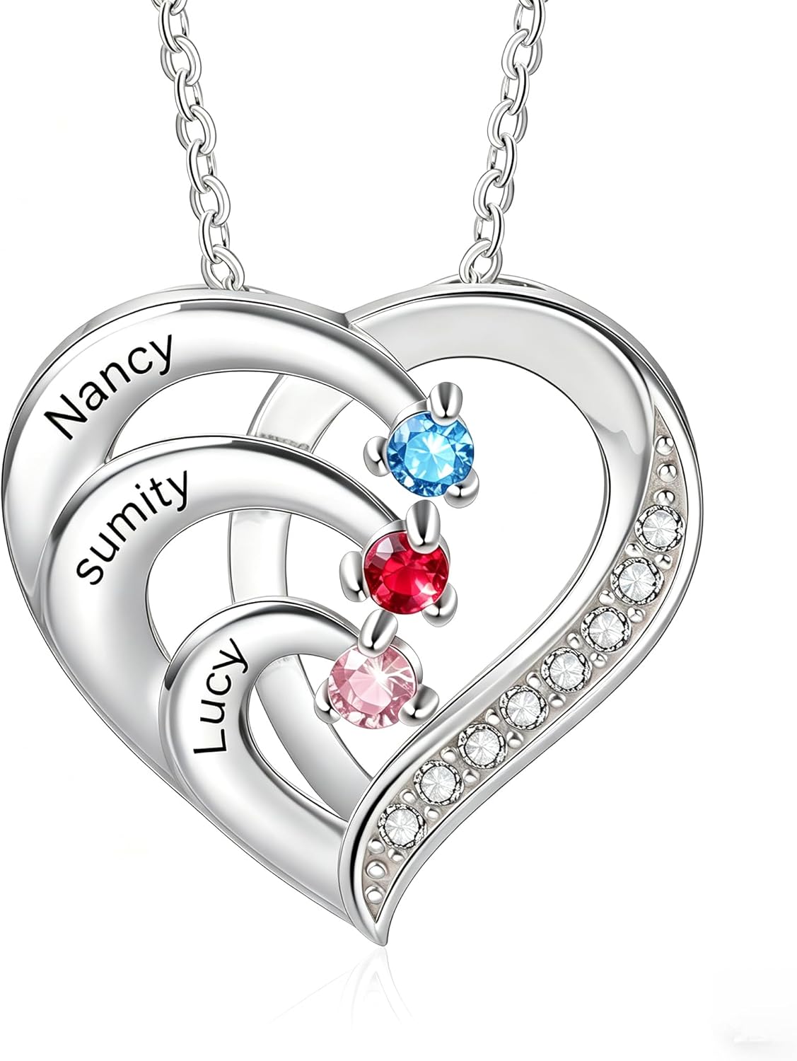 925 Sterling Silver Personalized Mother Necklace Birthstone Necklace for Women Chain Heart Pendant with Engraved Names, Gift for Mom, Grandma, Wife, Christmas, Mother’s Day, Anniversary, Birthday