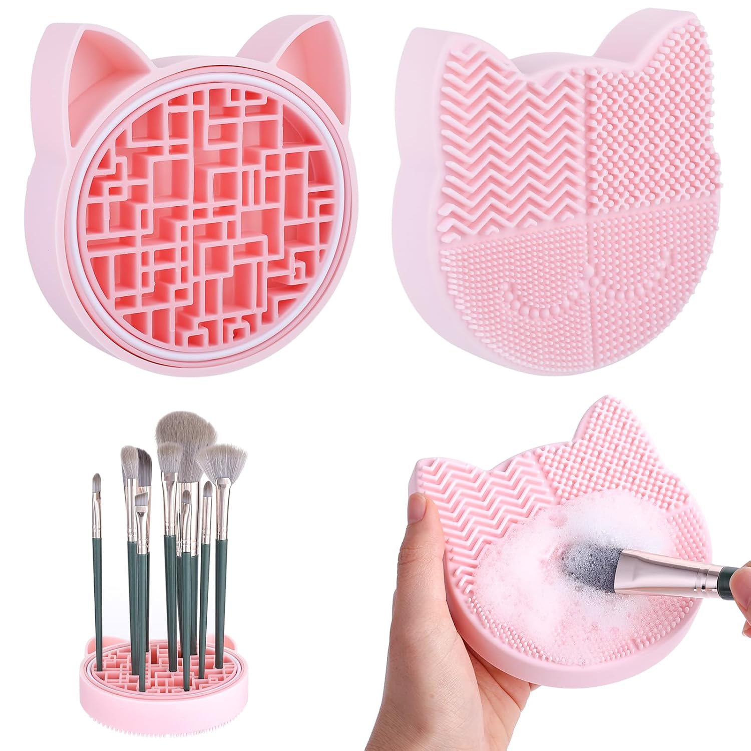 2 in 1 Makeup Brush Cleaning Mat with Brush Drying Holder, Silicone Makeup Brush