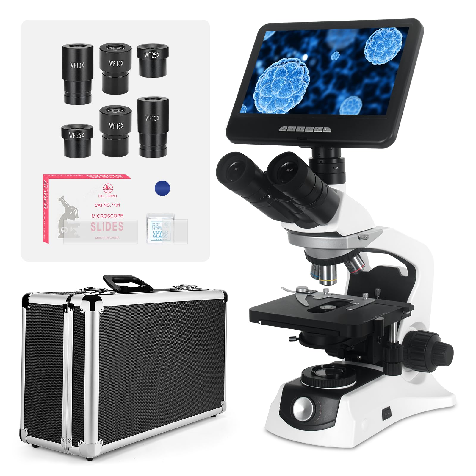 [Infinity-Corrected] Trinocular Compound Microscope with 10" 24MP Monitor, 40-1000X Magnification, Infinity Achromatic Objectives FL10X Eyepieces,Large Mechanical Stage, One-click taking photo &amp; video