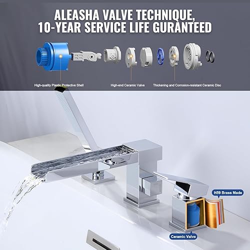 Miniatura 4 de Grifos de bañera romana en cascada, bañera de montaje en cubierta con boquilla de 360, moderno juego de grifos de bañera de baño de 3 agujeros para