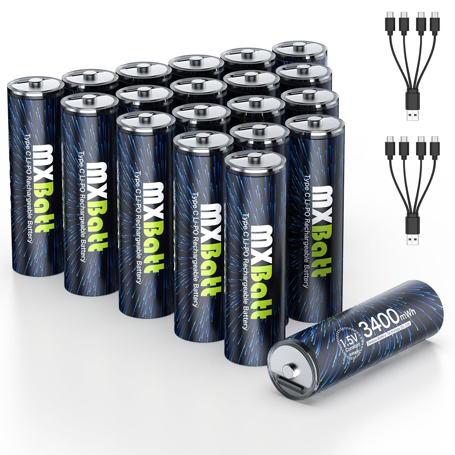 20 x Pile AA ricaricabili al Litio USB C 1.5V 3400mWh, Alta Capacita | Cavo porta USB C, 1500 cicli, per telecomandi, orologi da parete, termometri igrometri, stazioni meteo, torce e candele LED