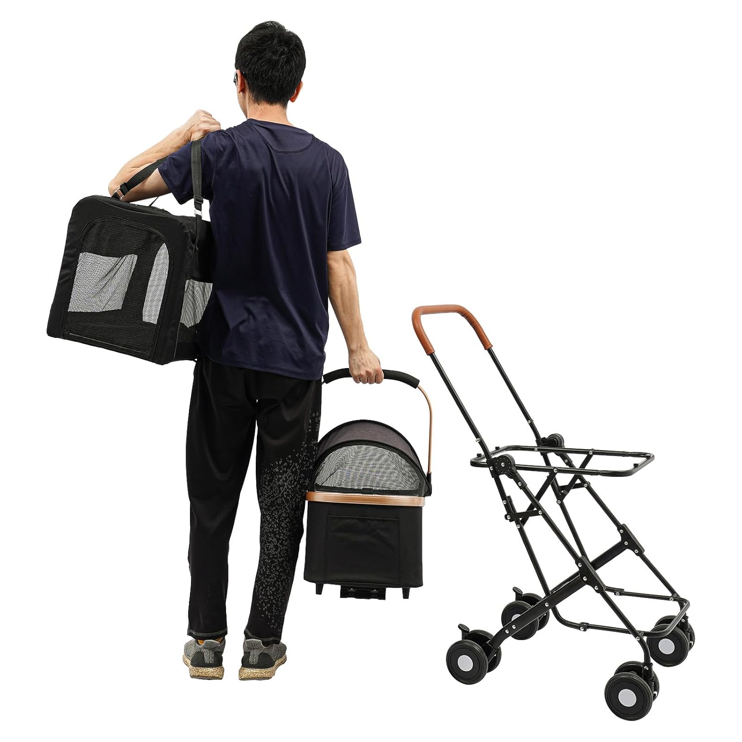 Double Pet Stroller for 2 Dogs Cats, 2 Tier Foldable Pet Stroller with 2 Detachable Carriers, 77 lbs Capacity Heavy Duty Oxford Fabric Travel Stroller for Small Medium Pets (Black)