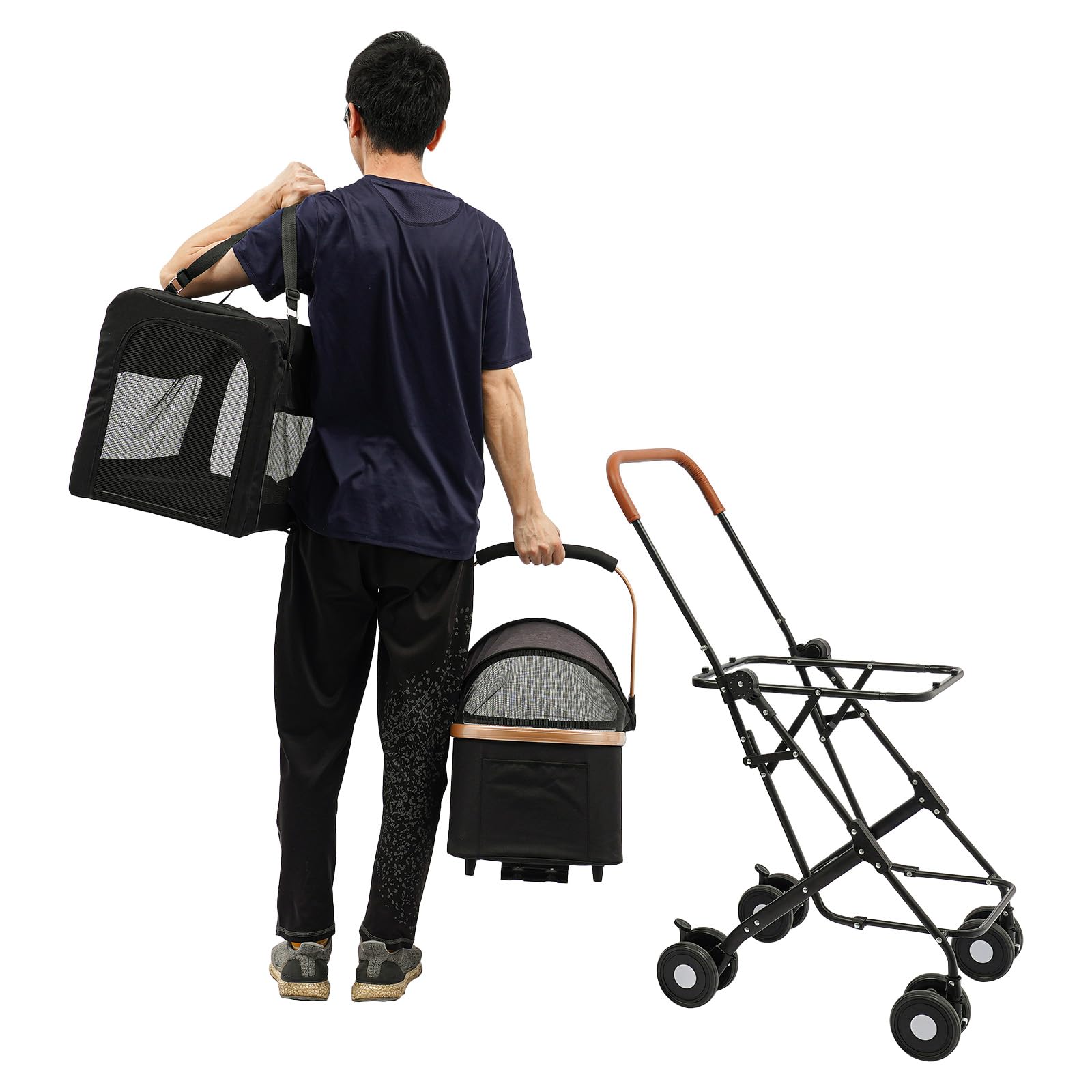 Cztery koła do cichej jazdy, ergonomiczny uchwyt do ciągnięcia i stabilna rama stalowa, dwupoziomowa konstrukcja, wózek dla psa, do 35 kg, składany wózek dla kotów, wózek dla psa, składany wózek dla