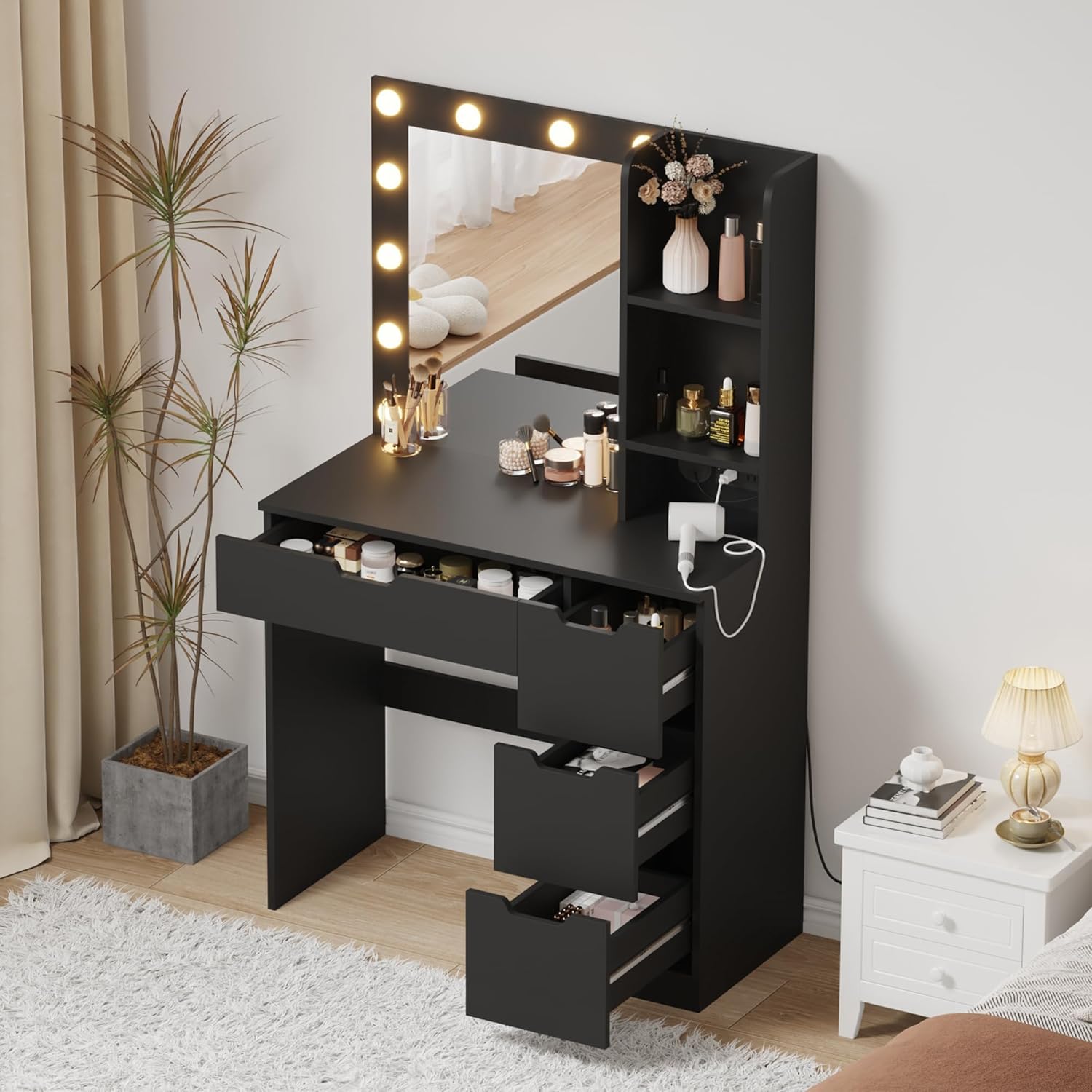 Garvee Vanity Desk with Mirror and Lights - Makeup Vanity Desk with 4 Drawers, Built-in Power Outlet & USB, Adjustable LED Lighting, Makeup Table for Bedroom