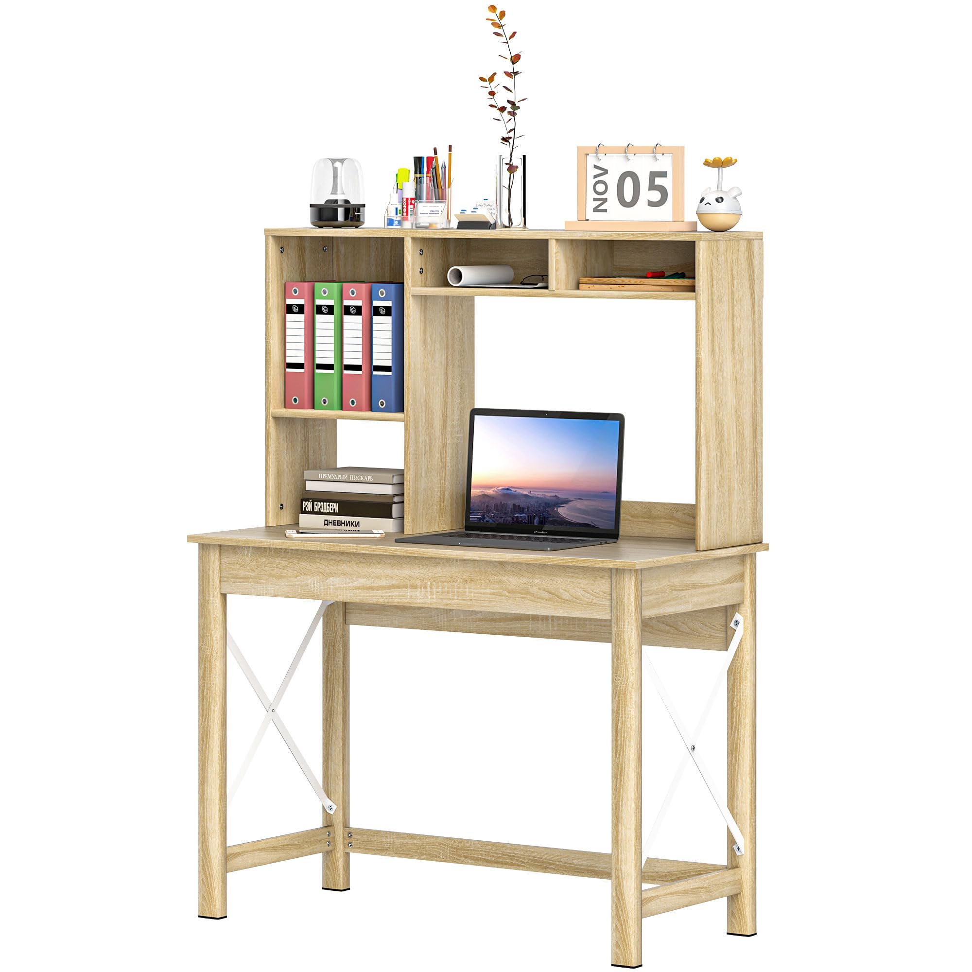 HOMCOM Escritorio con librería de almacenaje Moderno Escritorio de Madera con estantes y Amplia encimera para Espacios pequeños Home Office Dormitorio, 105 x 50 x 137,5 cm, Acabado Roble
