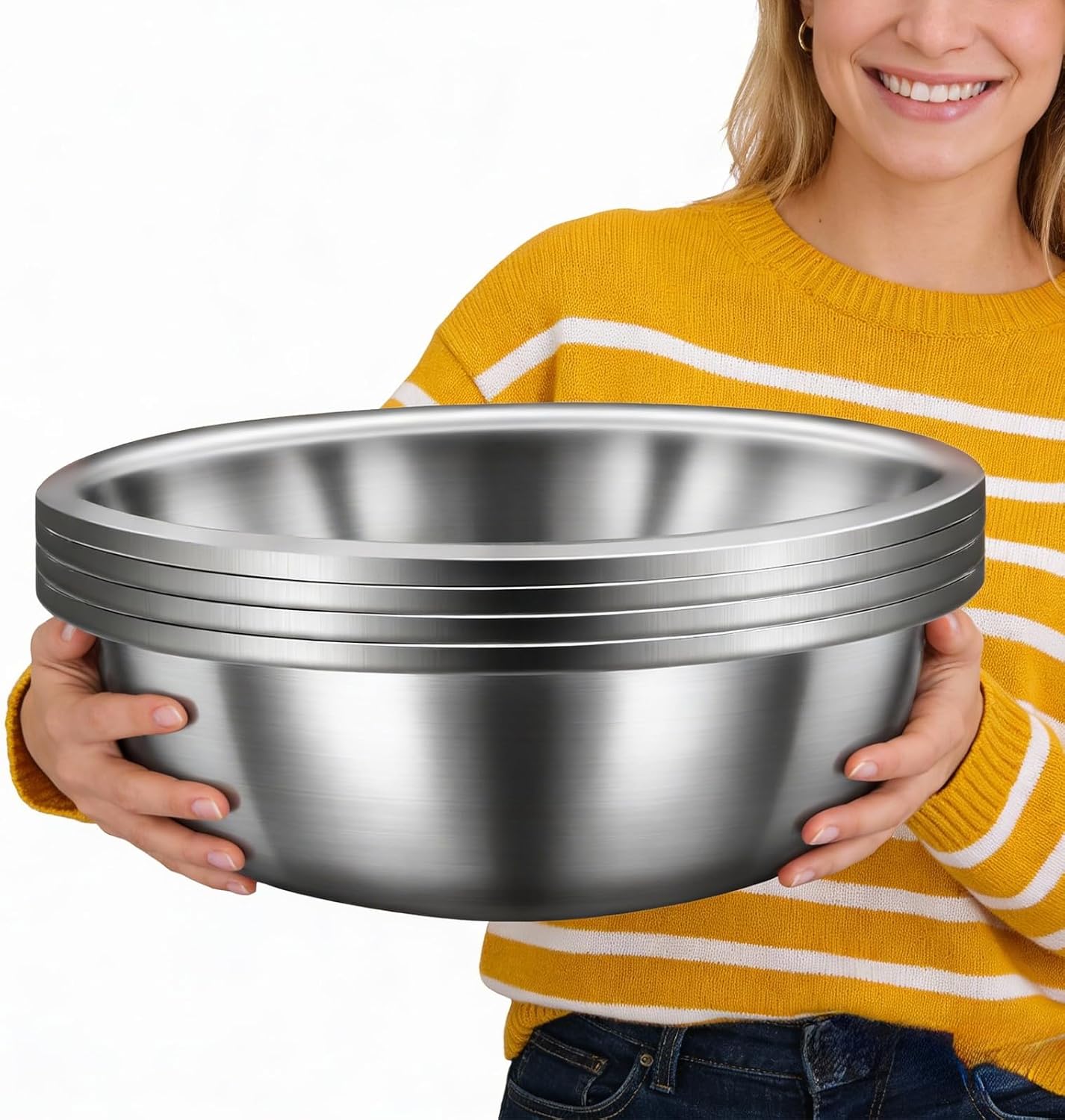 2 Pack 16 Qt 304 Stainless Steel Extra Large Mixing Bowls with Flat Base Polished Mirror Finish Metal Bowls for Home or Commercial Baking Mixing Marinating and Food Preparation