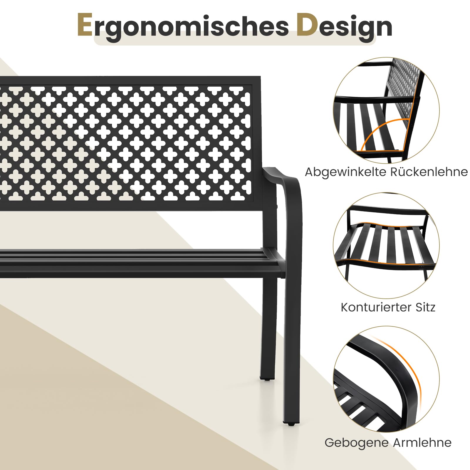 COSTWAY Gartenbank Metall, wetterfeste Sitzbank für 2-3 Sitzer, Parkbank mit Rückenlehne & Armlehne, Metallbank bis 300 kg belastbar, Eisenbank für Garten, Terrasse, Balkon, 127 x 62 x 86 cm (Schwarz)