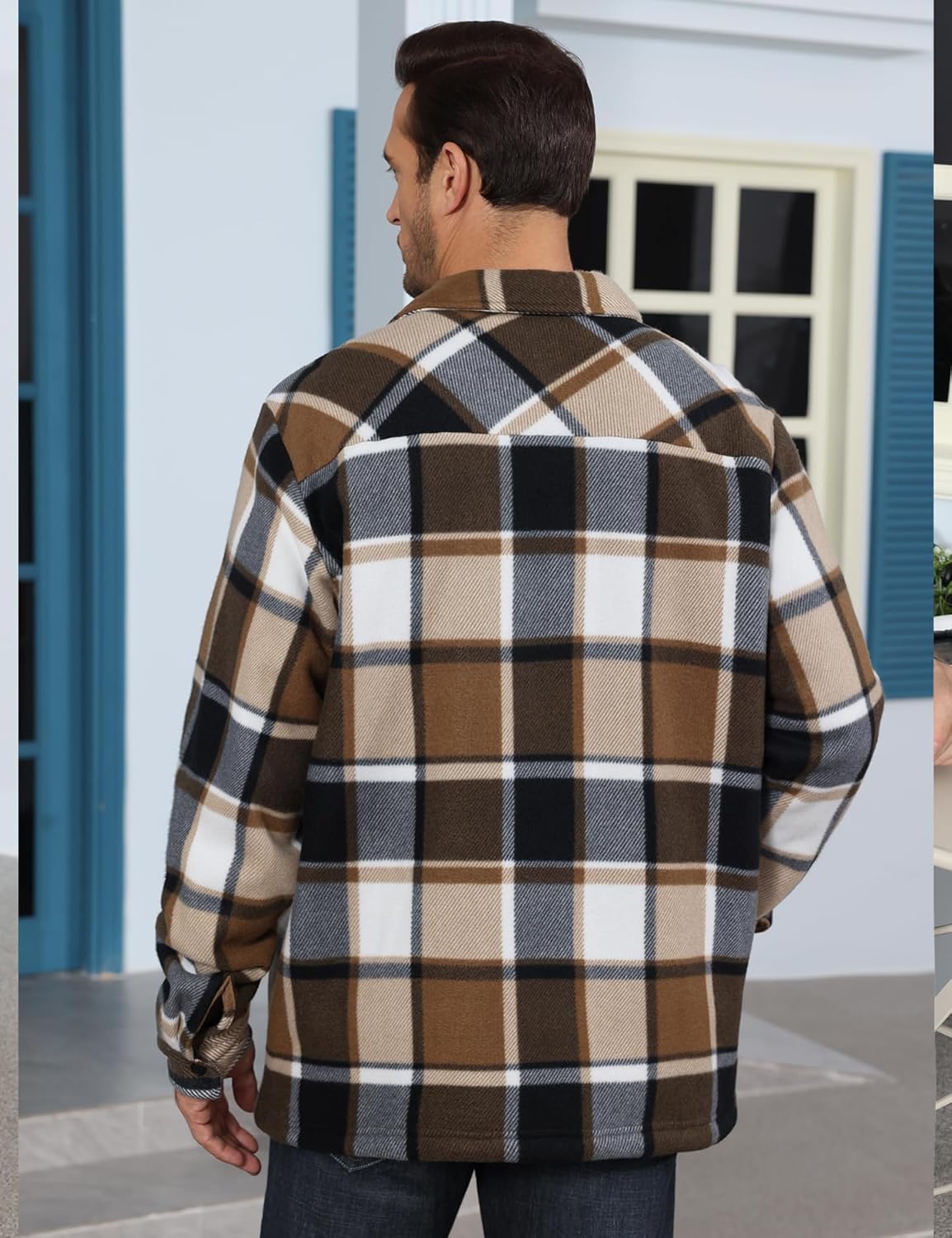 Men's Flannel Jacket Sherpa Lined Casual Button Up Plaid Jacket Long Sleeve Fleece Shacket with Pockets - Image 6
