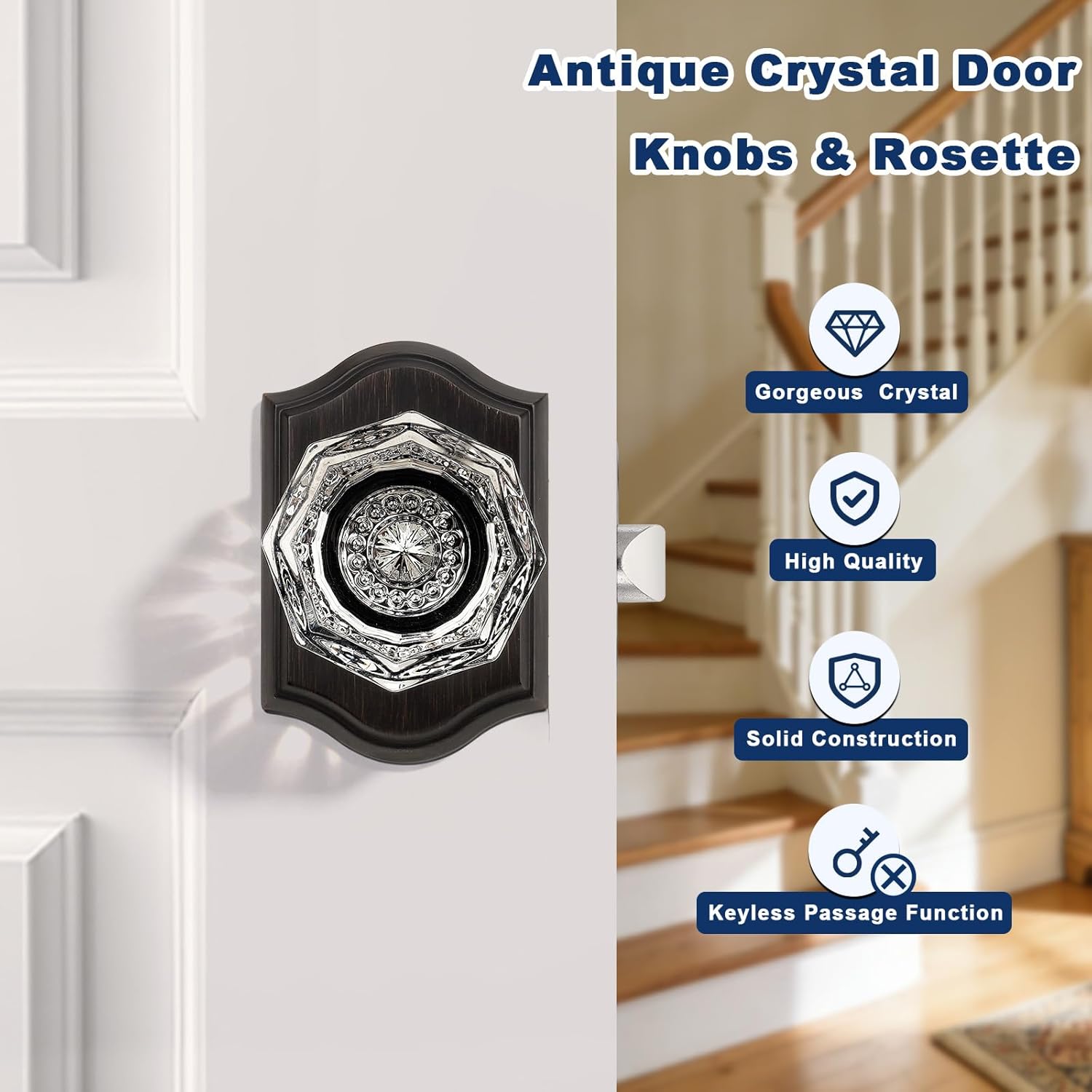 Orger Passage Door Knobs for Hallway and Closet, Glass Door Handles with Non-Locking Latch, Octagonal Clear Crystal Door Knobs 2 Pack, Oil Rubbed Bronze Vintage Rosette with Heavy Duty Crystal