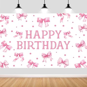 Pink Bow Birthday Backdrop Banner, Bow Happy Birthday Banner Decorations for Girls Women Party Decor 7X5FT