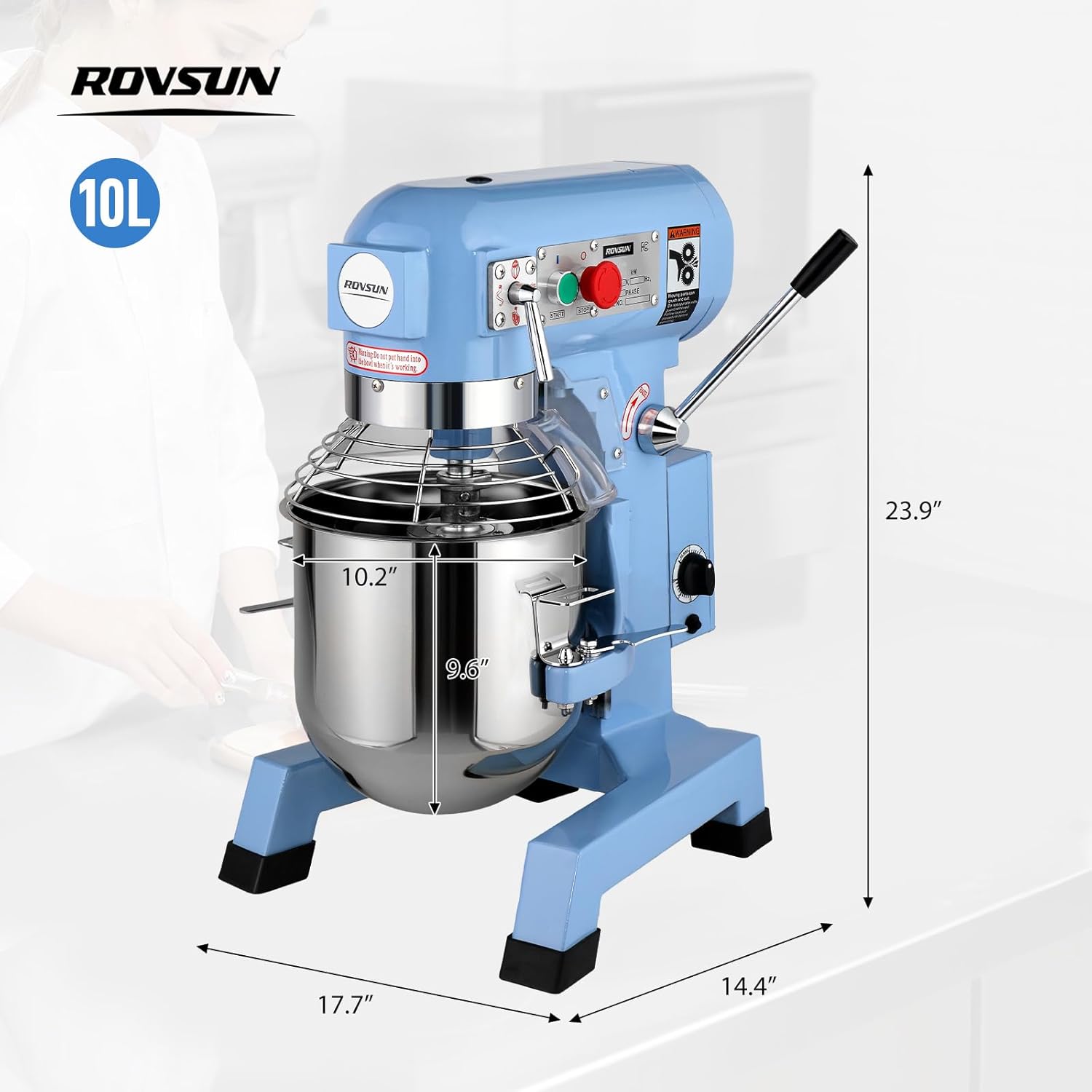 ROVSUN 10QT Commercial Food Mixer, 550W Electric Commercial Dough Mixer with 3-Speeds Adjustable, Heavy Duty Commercial Stand Mixer with Stainless Steel Bowl for Bakery Pizzeria Restaurants, Blue