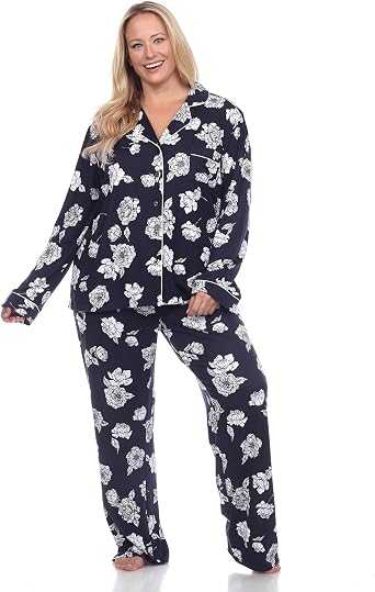 white mark Womens Plus Size Super Soft Printed Long Sleeve Button-Down 2-Piece Pajama Set with front Pocket