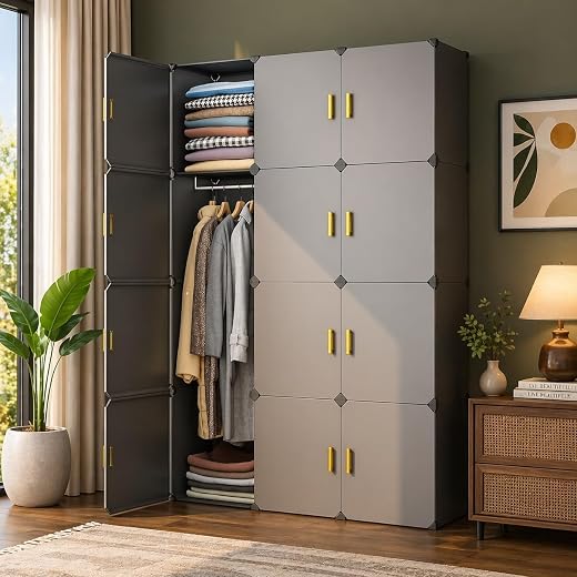 EXVITO Kids Collapsible Wardrobe | 12 Door Plastic Modular Clothes Organizer for Kids | Foldable Wardrobe Storage Rack wit...