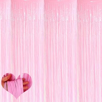 4 Pack Fringe Curtain Backdrop, 3.2Ft x 6.6Ft Pink Metallic Tinsel Foil Fringe Streamers Background for Photo Booth Birthday Wedding Baby Shower Carnival Easter Mothers Day Party Decorations
