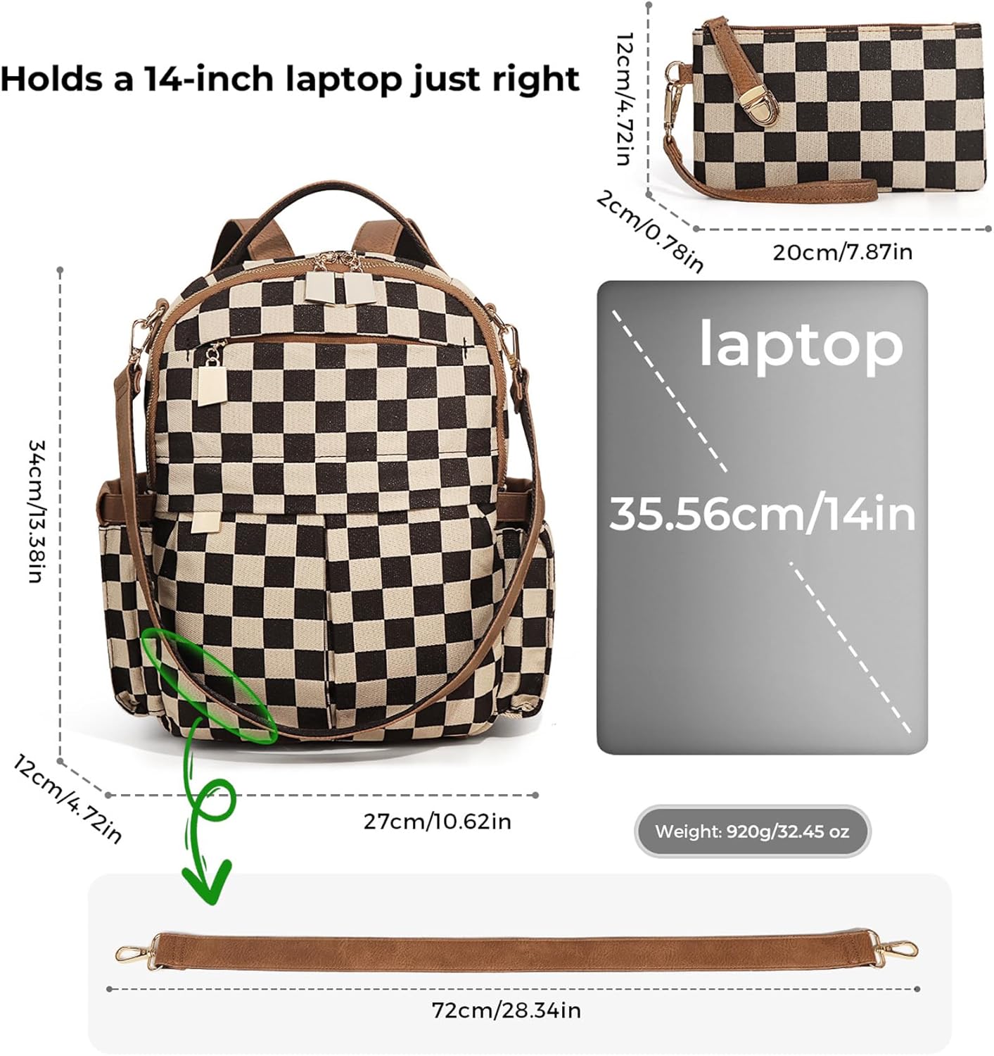 JQWYGB 2pcs Checkered Backpack for Women Small Plaid Back Pack Bags Checkerboard Backpack Handbag with Red Cherry Charm