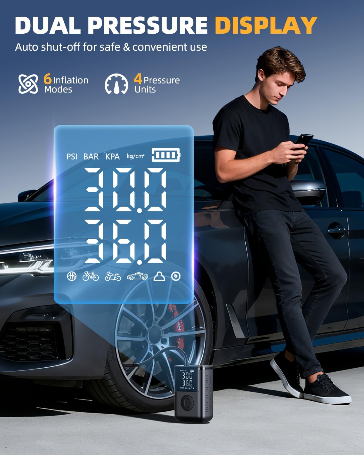 Tire Inflator Portable Air Compressor,160 PSI & 20000mAh Cordless Air Pump for Car Tires with Digital Pressure Gauge, Tire Pump Auto Shut-Off Portable Tire Inflator for Car, Motorcycle, Bicycle, Ball - Image 5