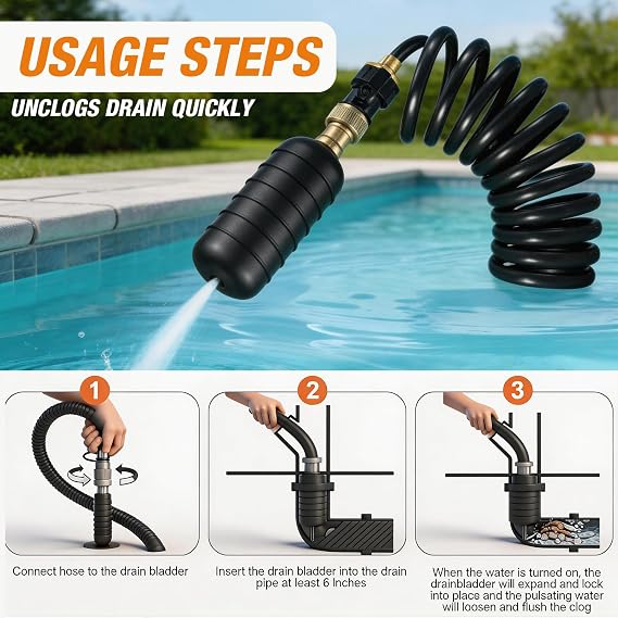 Drain Bladder Kit for Clogged Drains, Drain Unclogger Tool with 10FT Retractable Hose Includes Shut-Off Valve & Brass Faucet Adapter Drain King Alternative for 1 to 6 Pipes (Sink, Shower, Pool)