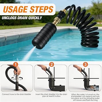 Drain Bladder Kit for Clogged Drains, Drain Unclogger Tool with 10FT Retractable Hose Includes Shut-Off Valve & Brass Faucet Adapter Drain King Alternative for 1 to 6 Pipes (Sink, Shower, Pool)