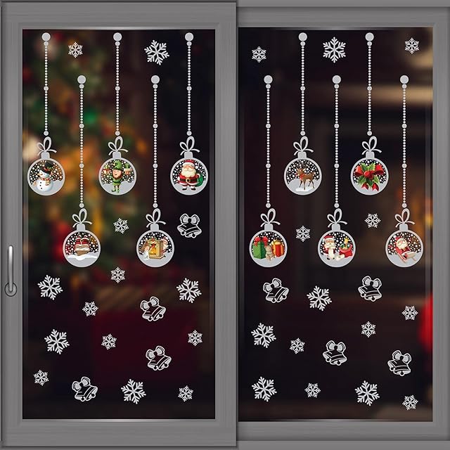 WALPLUS Christmas Window Stickers Clings Xmas Decoration Sale Clearance Reusable Double-Sided Print Decals for Glass Living Room Windows Display Matt Silver Christmas Ornaments 45 Pieces