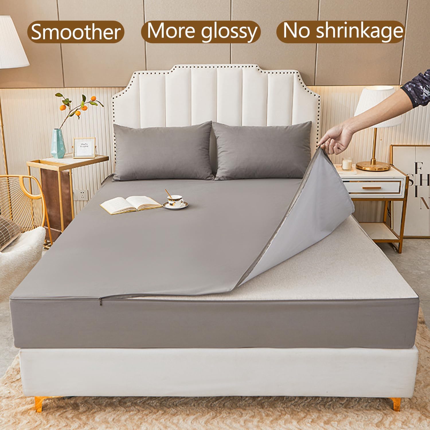 Solid Color Waterproof Fitted Sheet Queen Mattress Protector Soft Zippered Cover with Pillowcase and Machine Washable Deep Pockets,White,120 * 200+25cm