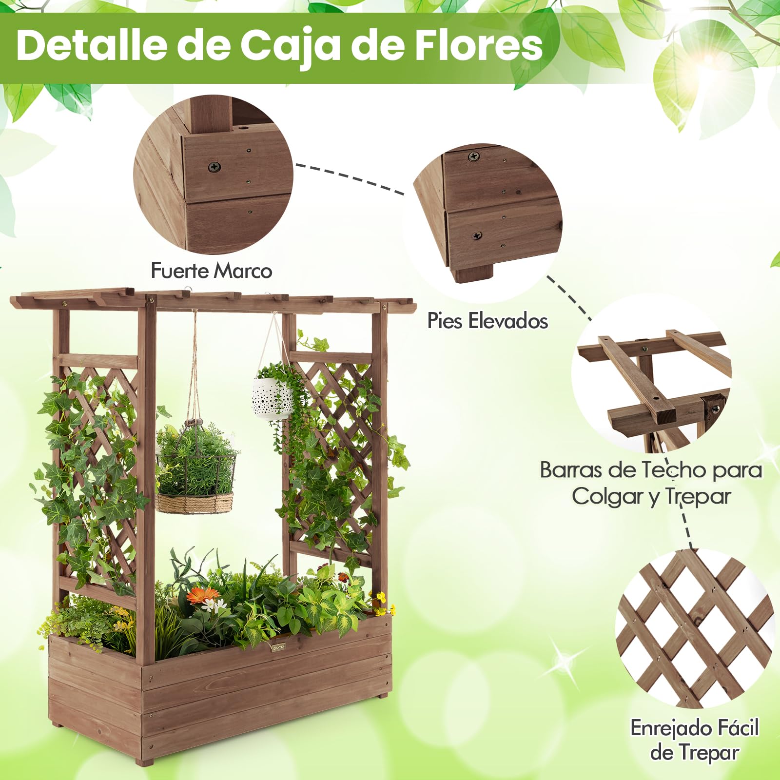 GOPLUS Jardinera Enrejada de Madera, Cama Elevada de Jardín con Orificios de Drenaje para Plantas Trepadoras, Flores, Verduras, Huerto Urbano Vertical para Exterior Patio Terraza (Marrón)