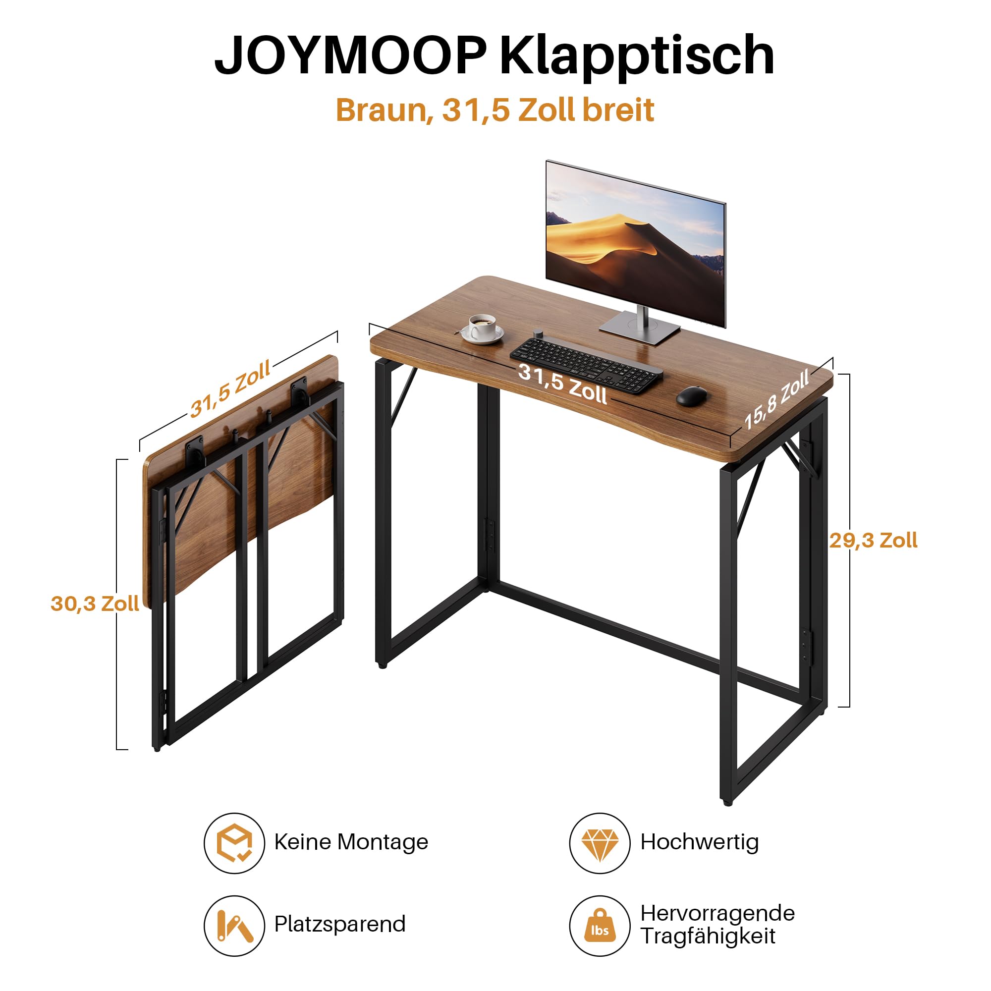 JOYMOOP 80 cm Klappschreibtisch – Braun, Keine Montage, Kleiner Faltbarer Schreibtisch für Zuhause, Büro, Holzplatte, klappbarer Computertisch zum Arbeiten, Schreiben, Lernen