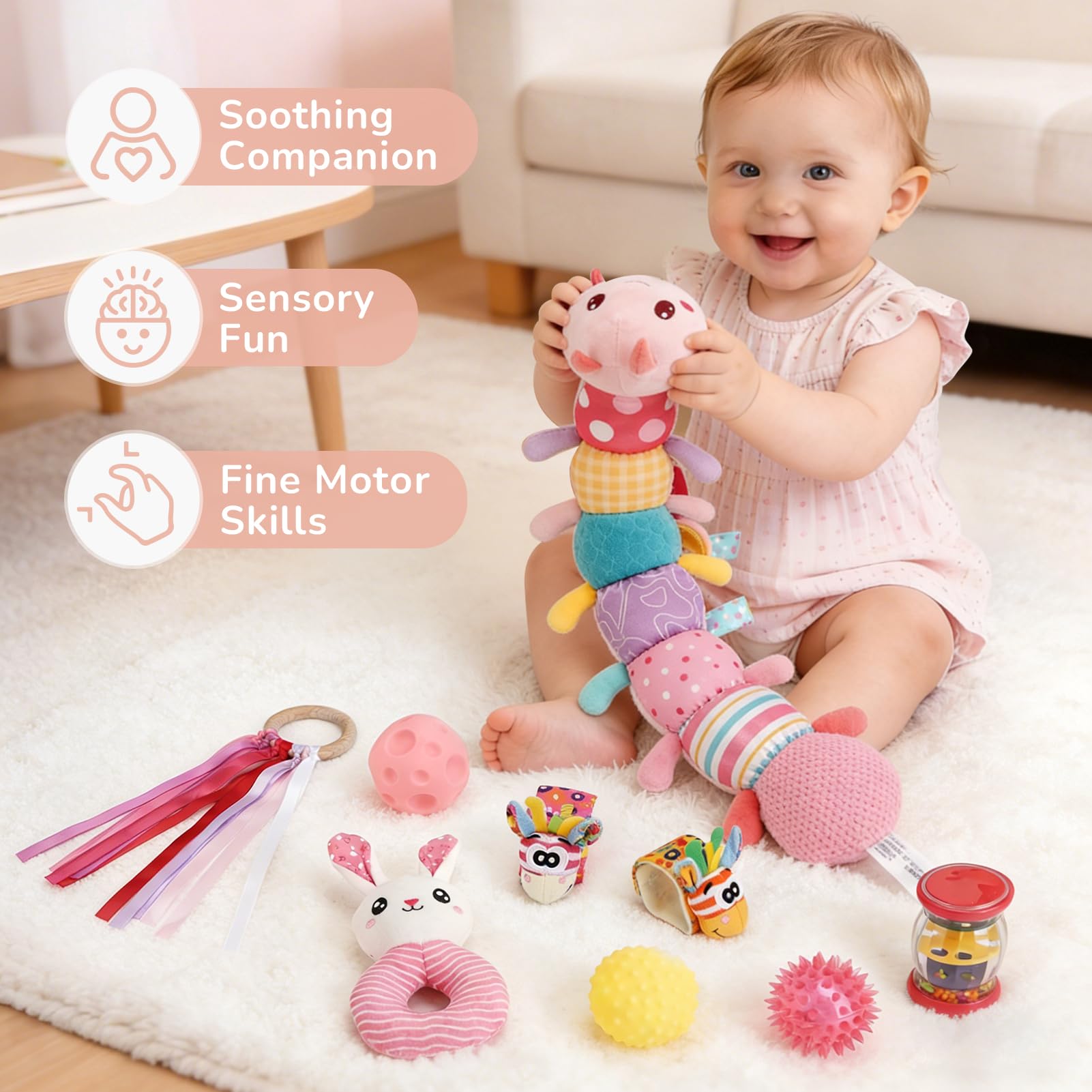 Joyreal Baby Spielzeug ab 3 Monate, Montessori Sensorik SpielzeugBaby 0 3 6 Monate, Baby Geschenk Mädchen, 10-teiliges Set für Neugeborene, Baby Raupe Musikspielzeug, Rasseln, Bänder