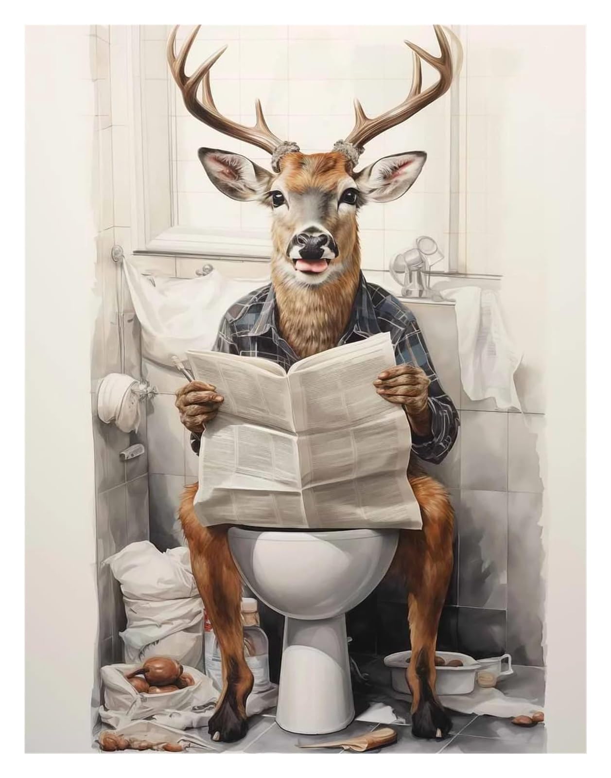 XENITE Wall Art Canvas Prints Funny Animal Rabbit Giraffe Frog Sitting On The Toilet Reading Newspaper Canvas Painting Poster Prints Wall Art Pictures Home Decor(D,50x70cm)