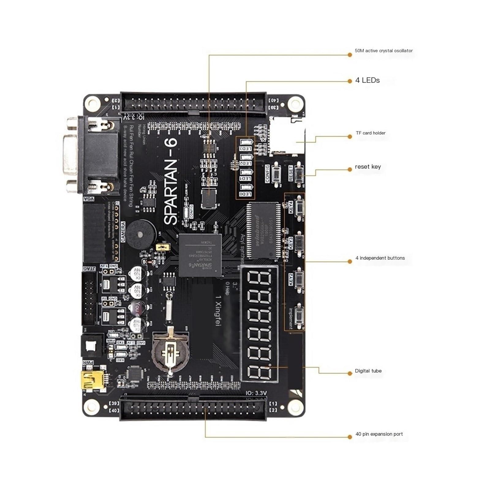Placa de Desarrollo FPGA Black Gold Spartan6 XC6SLX9, Placa de Aprendizaje Inicial FPGA con descargador(AX309 Development Board)