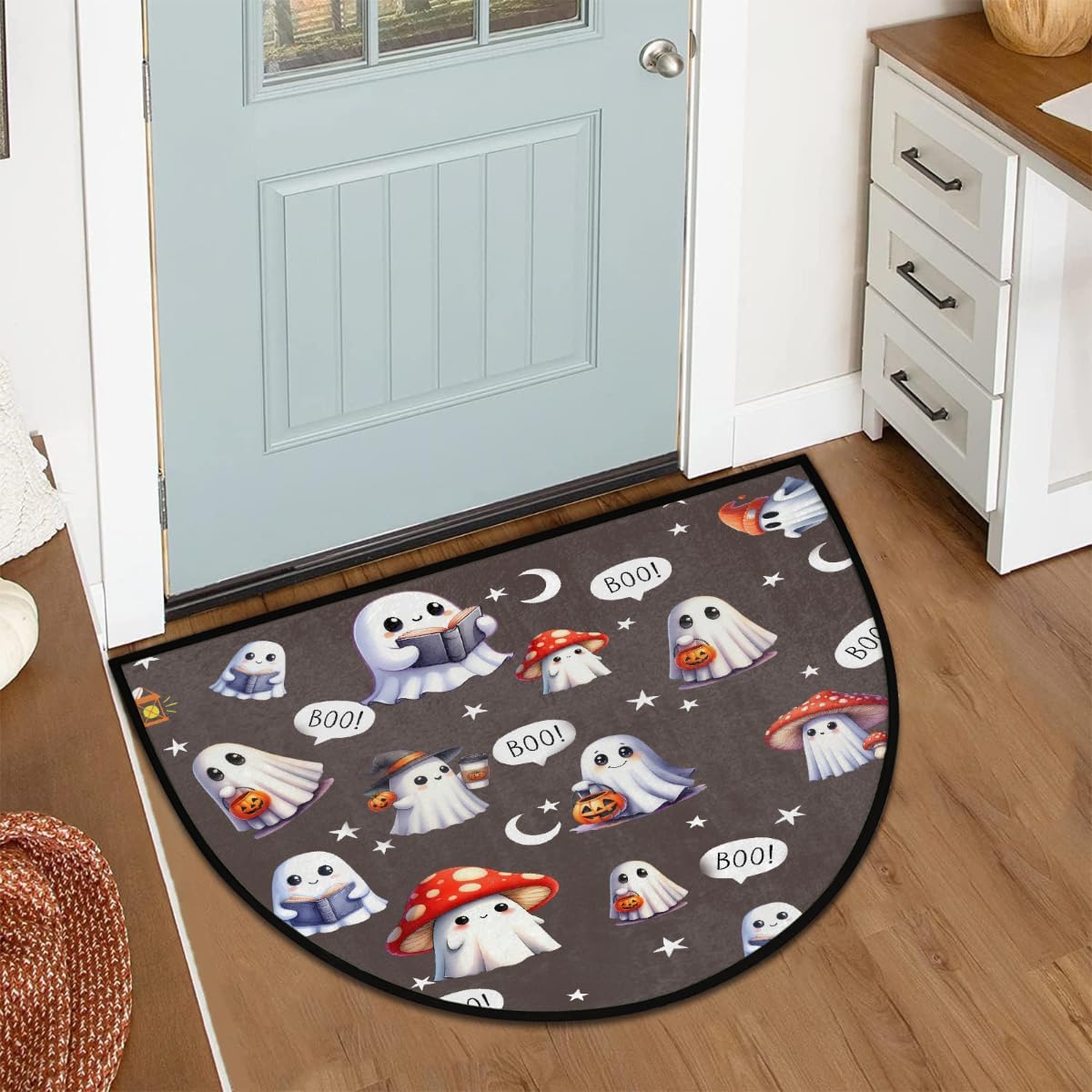 Halloween Cute Ghost Holiday Half Round Doormat Washable Semi Circle Rug Non Slip Half Moon Rug Floor Mat for Indoor Outdoor Bathroom Kitchen Fireplace Entryway Bath Holiday Decor