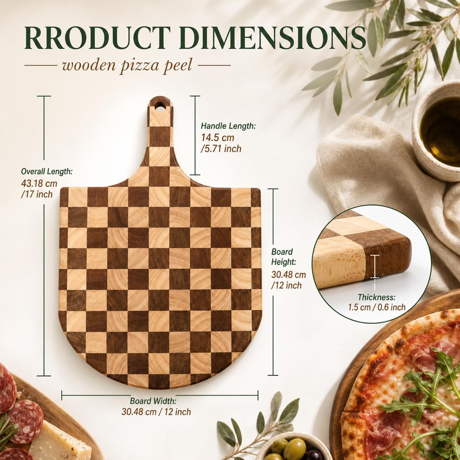 1 Pack 12 x 17 Inch Wood Pizza Peel Checkered Pizza Board for Transfer