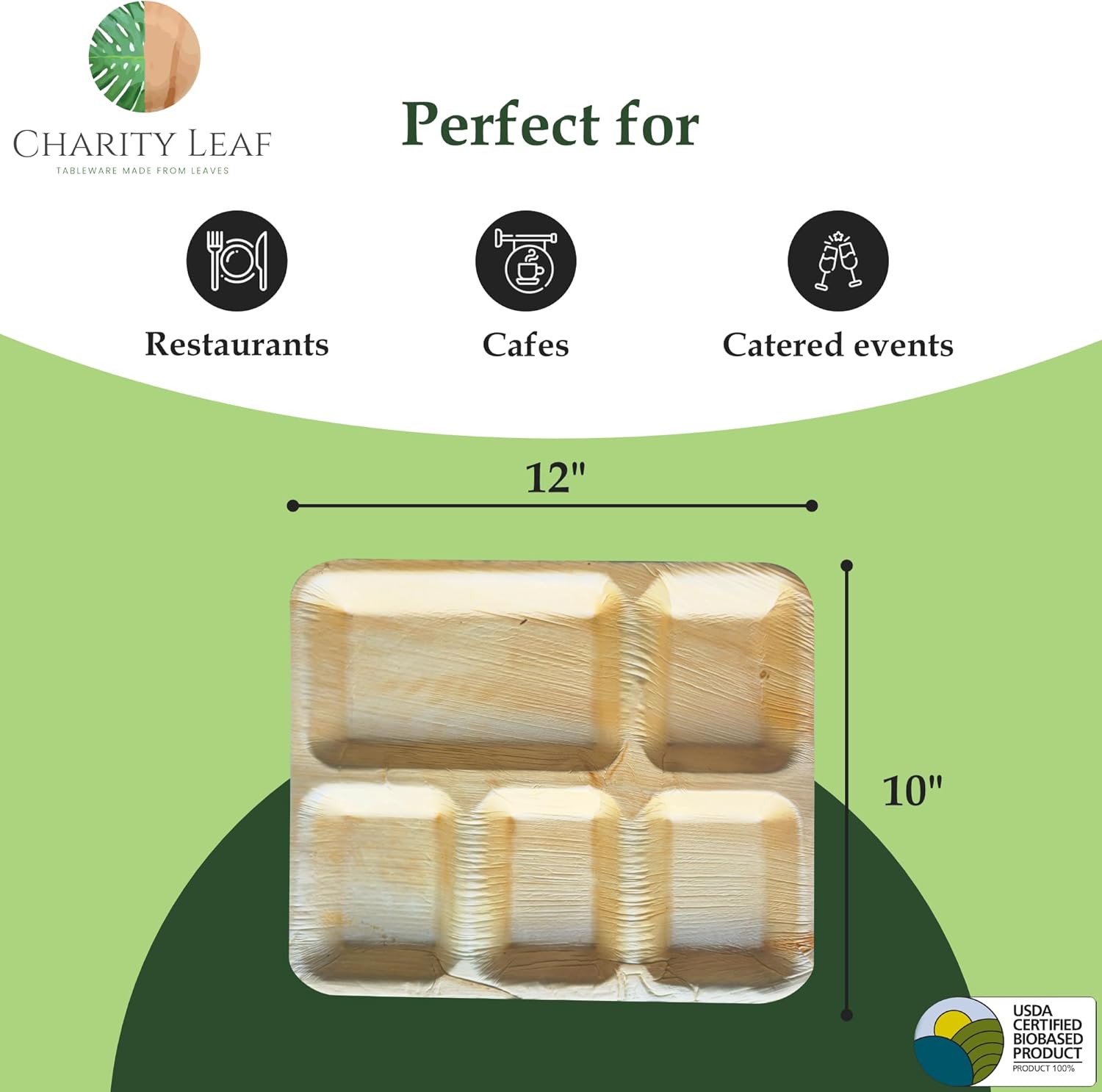 Charity Leaf Compostable 12x10'' Rectangle - 5 Compartment Palm Leaf Dinner Plates (25-pack) | Premium, 100% Natural, Disposable, Heavy Duty | Perfect for Parties, Weddings, BBQs & Catering Events
