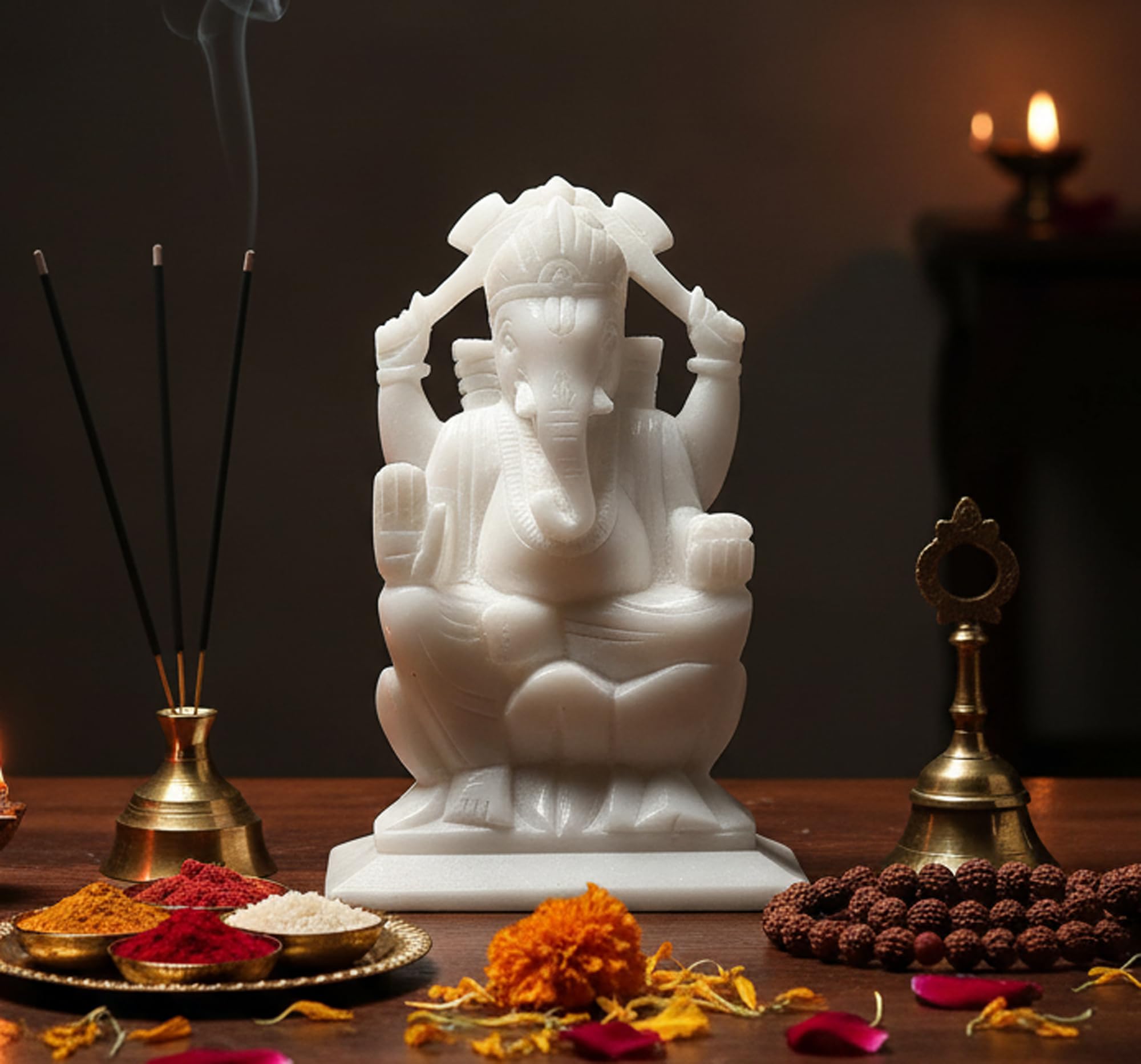 Stonkraft White Marble Stone Pooja Puja Ganesh Ganesha Ganesh Murti Idol Statue Sculpture - Left Side Trunk - 6" Inches