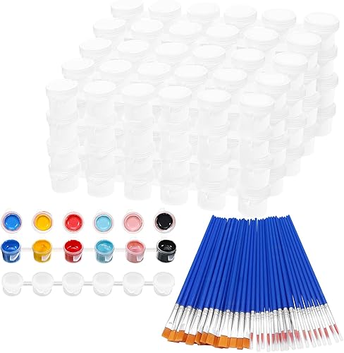 Draupnir 20 tiras de 120 macetas vacías con tapa, mini recipientes de almacenamiento transparentes y 40 pinceles de pintura, suministros de