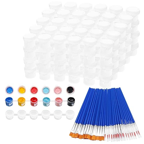 Draupnir 20 Strips 120 Pots Empty Paint Pots Strips With Lid Mini Clear Storage Containers and 40 Pieces Paint Brushes Painting Arts Crafts Supplies for Classrooms Schools Paintings Art Festivals