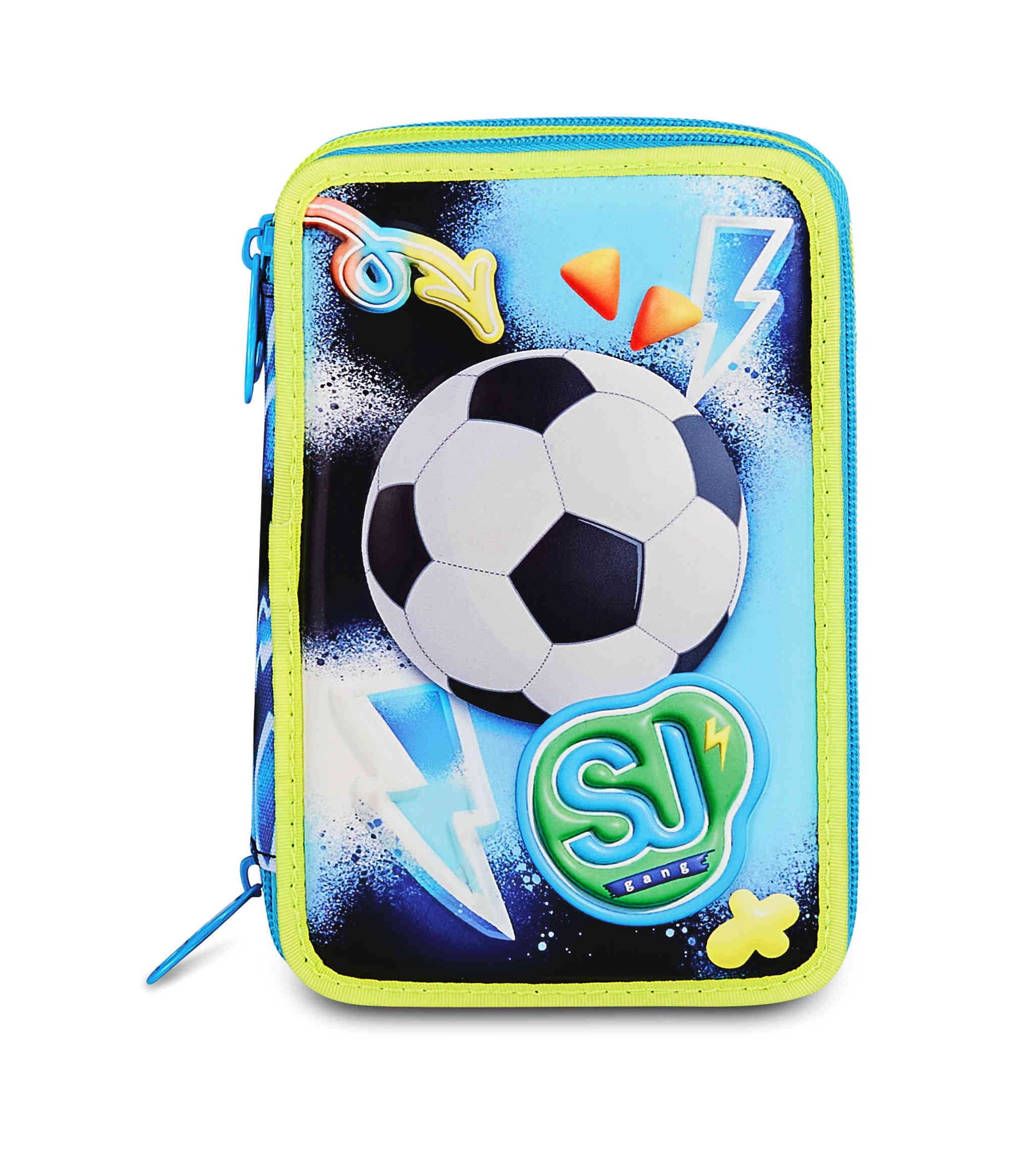 SJ GANG STYLE JAM GANG Astuccio Scuola 3 Zip 3D GLOWGAME, Blu, Triplo Scomparto, Scocca con pallone da calcio in rilievo, Portapenne Attrezzato, 45 pezzi, Accessori Zaino, Scuola elementare, Bambino