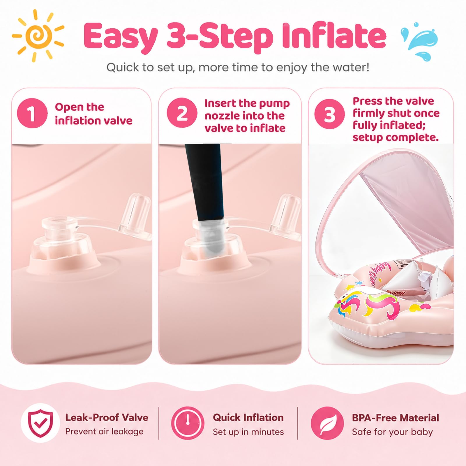 Flotador Bebé con Parasol, Baby Float Hinchable para Bebés de 3-72 Meses, Flotador Piscina con Arnés de Seguridad & Cámaras de Aire, Protección UV para Piscina y Playa