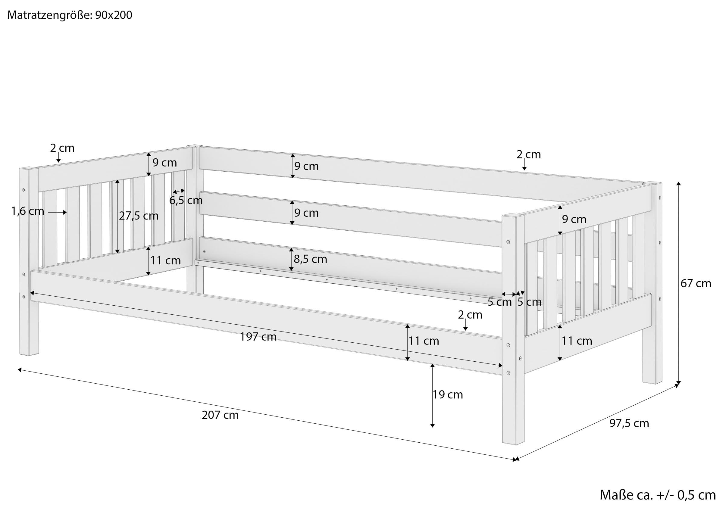 Erst-Holz®Gemütliches Kinderbett mit Dreiseitiger Sicherung 90 x 200 cm KieferRollrost inkl.