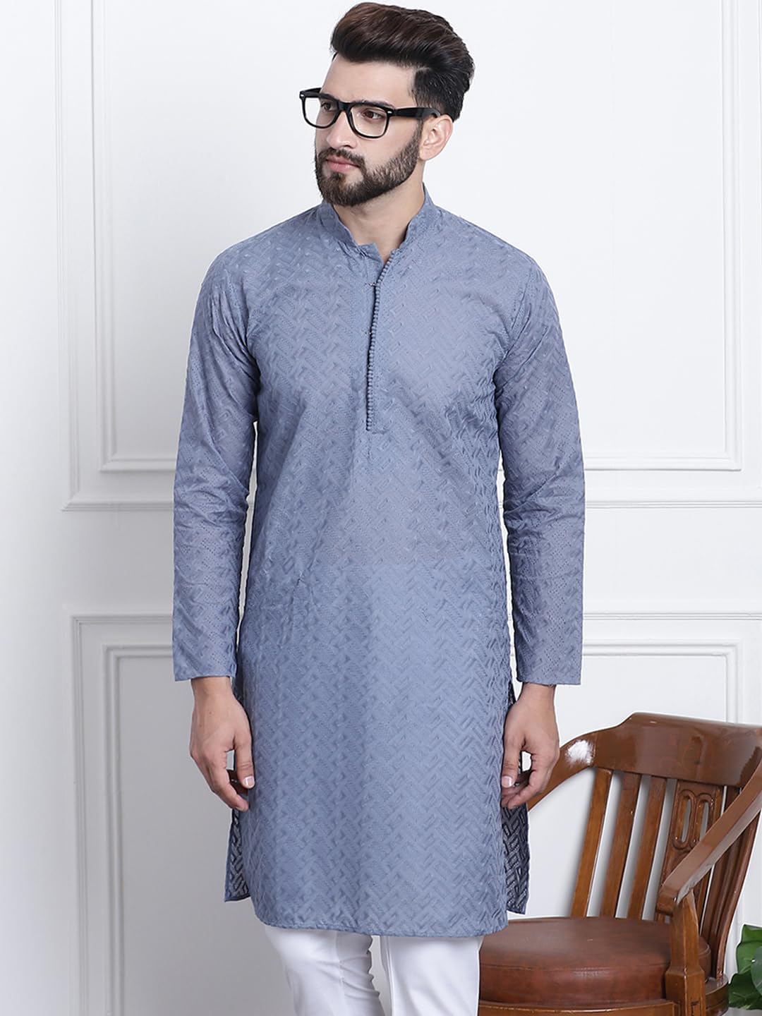 Sojanya (Since 1958 Men'S Pure Cotton Chikankari Only Long Kurta - Image 2