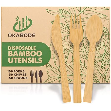 ÖKABODE Disposable Bamboo Utensils, 200 pcs per box | 100% Bamboo Cutlery NOT Wooden Cutlery | Eco-Friendly Compostable Cutlery | 100% Biodegradable Utensils | 100 Bamboo Forks, 50 Knives, 50 Spoons