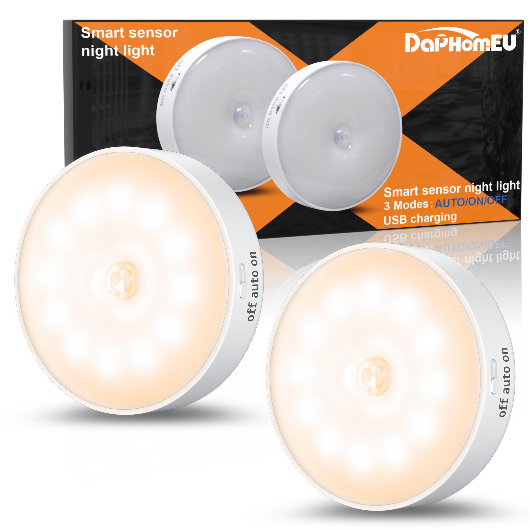 daphomeu 2 Stück Nachtlicht mit Bewegungsmelder,USB Wiederaufladbare LED-Licht,Schrankbeleuchtung,Bewegungsmelder innen für Treppenbeleuchtung,Schlafzimmer, Küche, Kinderzimmer.（Warmweiß）